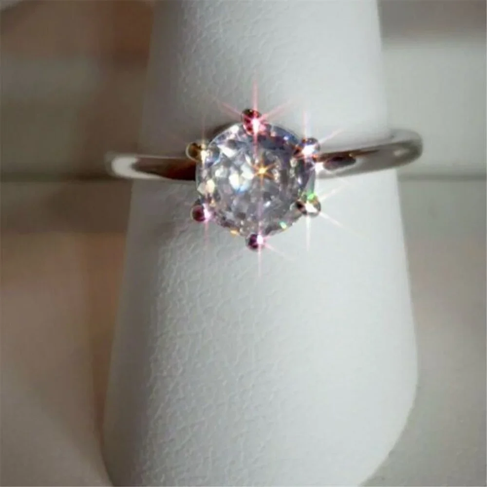 Fashion Jewelry  1 CT CZ Silver Plated Solitaire Engagement Ring Size 6